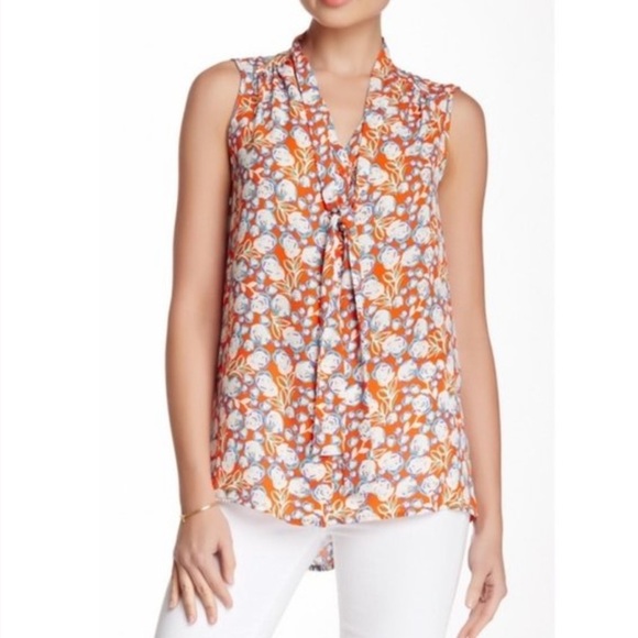 Pleione Crepe Tie Neck Blouse Floral Sleeveless - Picture 1 of 8